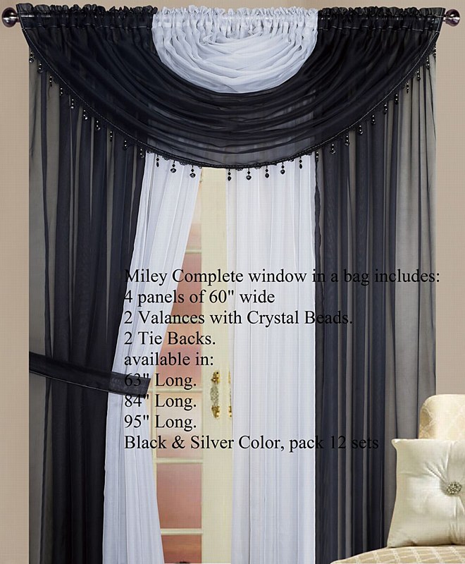 Miley Window In A Bag Sheer Panel Set With Valance Black Silver By