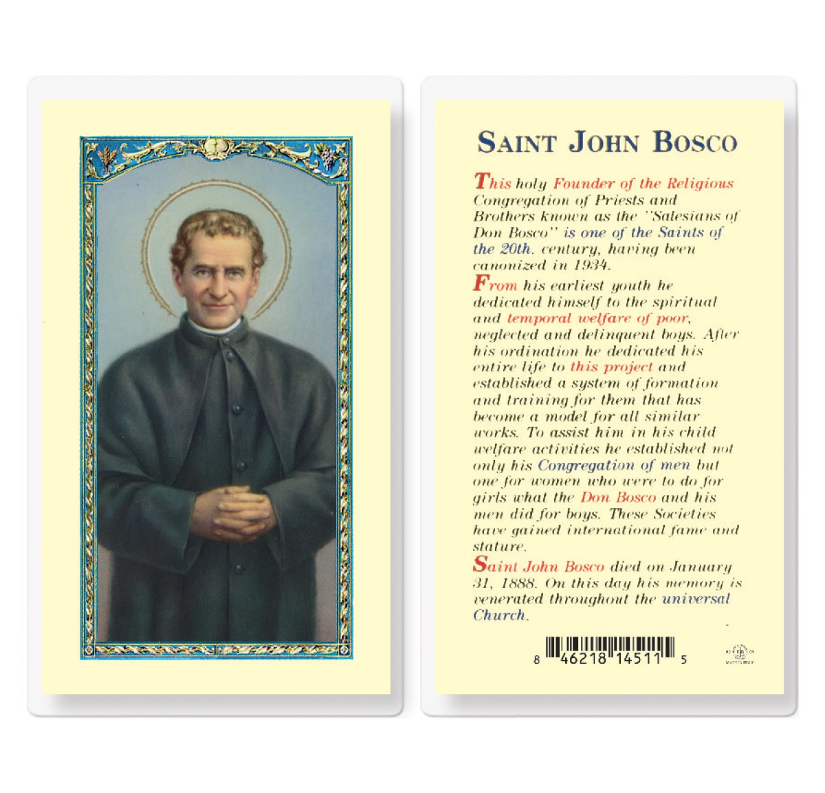 St John Bosco Prayercard Divine Mercy Gift Shop