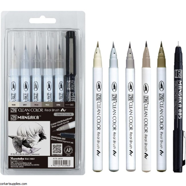 ZIG Clean Colour Real Brush + Cartoonist MANGAKA 6 piece set