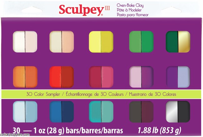 Sculpey III - Oven Bake Polymer Clay - 30 Colour Sampler Pack - 30 x 1oz  Blocks