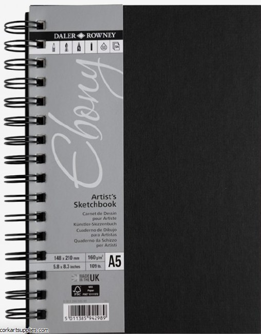 Daler Rowney Spiral Hardback Ebony 160gm Portrait A5 Daler Rowney Spiral Hardback Ebony 160gm Portrait A5