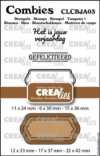 Crealies Combies Stamps + Dies No. 3 Stamps Set Jarig (texts + Tags/labels)