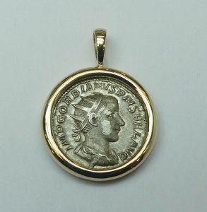 Ancient Roman Coin of Gordian III, denarius, set in 14kt yellow gold frame model 085-000-13214kt
