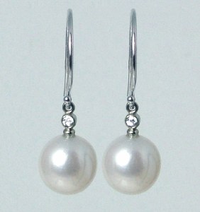 Pearls drop earrings 10mm round pearls 14kt white gold with diamond model 144-22530-29419W