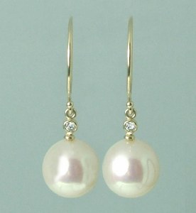 Pearl Drop Earrings 10mm 14kt Yellow Gold and Diamonds