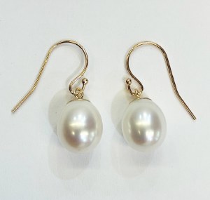14kt yellow gold pearl drop earrings 11 x 9 mm oval shaped pearls model 144-23926-20g-11x9mm