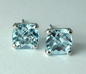 Blue Topaz Earrings 7x7 Cushion Cut 14kt model 144-24863-7x7-BLT