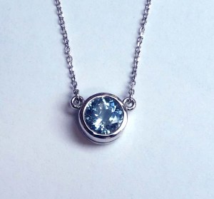 Aquamarine full bezel design necklace on 18" white gold chain model 144-2930-AQUA
