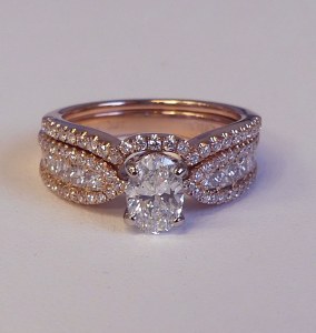 Simon G diamond wedding set 18kt rose gold 1.47 carat total weight model 538136-553505