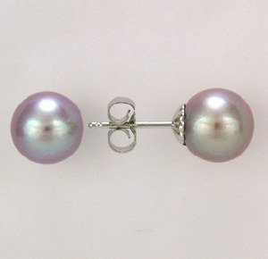 Gray pearl stud earrings 8mm 14kt white gold