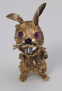 Rabbit pin 14kty gold .58cttw 2 rubies 12 rnd diamonds