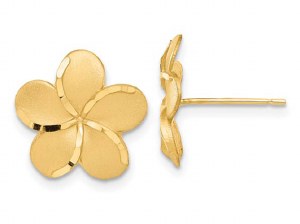 14kt yellow gold plumeria flower design earrings model TM761