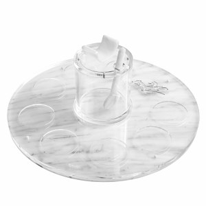 Lucite Round Simanim Plate Marble with Magnetic Honey Dish and Spoon 12"