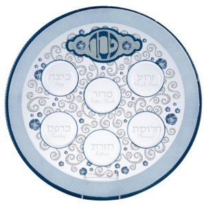 Round Glass Seder Plate Elegant Design Blue 12"