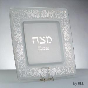 Square Glass Matzah Tray Featuring Silver Floral Design