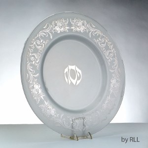 Glass Round Seder Plate Featuring Silver Floral Border Design