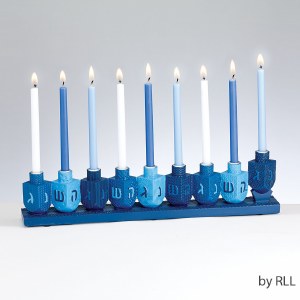 Candle Menorah Hand Painted Resin 
Blue Dreidels Design