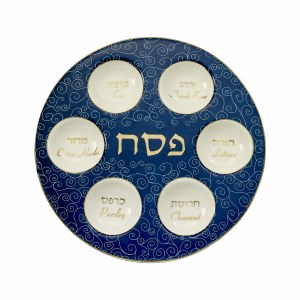 Ceramic Seder Plate Blue with Gold Accents 12"