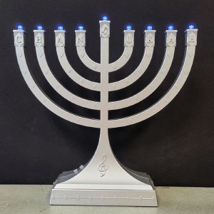 Plastic Menorah Dancing Lights Musical Theme Battery Or USB Operated Silver