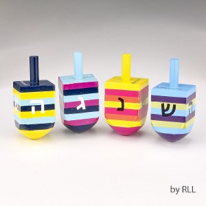 Wooden Dreidel Striped Design Multicolor Hand Painted 4 Pack