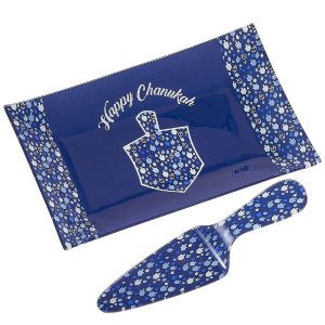 Chanukah Glass Tray and Server Mosaic Design Blue 2 Piece Set