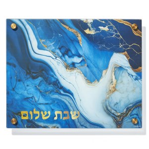 Glass Challah Board Raised Legs Marble Design Blue 15" x 12"