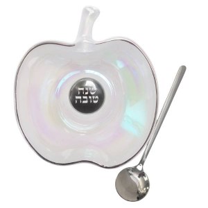 Glass Honey Dish Apple Shaped with Silvertone Spoon
