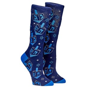 Chanukah Crew Socks Dreidel Stars Design Blue Adult Size 10-13