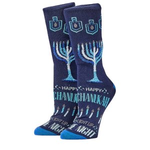 Chanukah Crew Socks Fuzzy Menorah Design Blue Adult Size 10-13