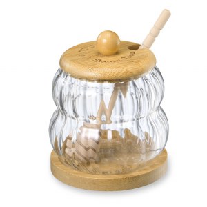 Glass Honey Jar Dish on Stand with Wood Lid and Honey Dipper 4.5" H