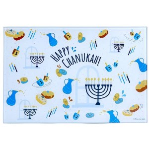 Tempered Glass Menorah Drip Tray Whimsical Chanuka Design Blue 12" x 8"
