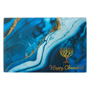 Tempered Glass Menorah Drip Tray Blue Marble Design 11.75"