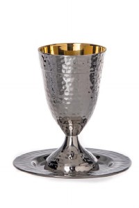 Hammered Stainless Steel Kiddush Cup with Stem and Tray 5"
