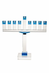 Crystal Candle Menorah Rectangle Shape Blue Accent Top on Rectangle Base 19"