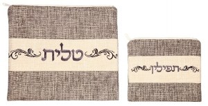 Tallis and Tefillin Set Grey Linen Embroidered Design