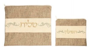 Tallis and Tefillin Set Tan Linen Embroidered Design