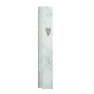 Glass Mezuzah Case Gray Marble Look Designed with Silver Shin 12cm