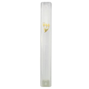 Mezuzah Plastic Clear with Gold Shin 10cm