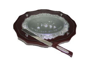 Oval Challah Board Wood and Silver Plated with Knife