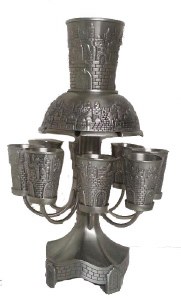 Kiddush Fountain with 8 Cups - Pewter Plated with Jerusalem Design