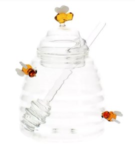 Glass Honey Dish Honey Pot Design Accented with Bees Glass Honey Dipper