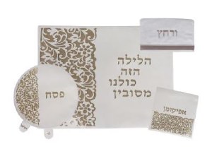 Pesach Set Faux Leather 4 Piece White and Gold Laser Engraved Floral Design