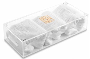 Lucite Towel Box Gold Die Cut with 3 Netilas Yadayim Towels White