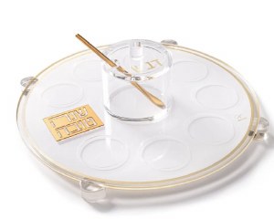 Lucite Simanim Tray Round Classic 2.0 Design Hebrew Gold 11"