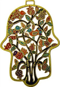 Yair Emanuel Laser Cut Etched Hamsa Pomegranate & Bird Design Multicolor