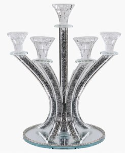 Crystal Candelabra 5 Branches Silver Stones in Stems Round Mirror Base 14&quot;