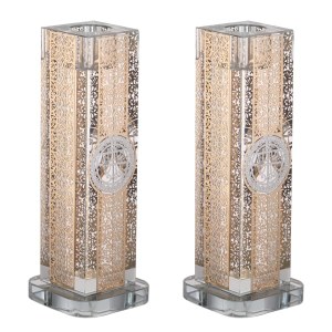 Crystal Rectangle Candlesticks 2 Piece Set with Laser Cut Gold Plaque 1.5" x 6"