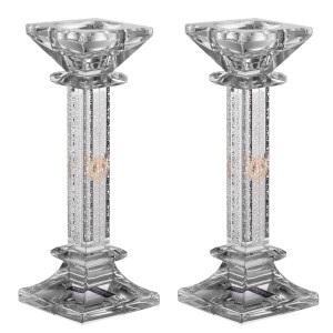 Crystal Rectangle Candlesticks 2 Piece Set with Intricate Designed Laser Cut Silver Plates 1.5" x 8.5"