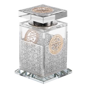 Crystal Besamim Holder with Laser Cut Silver Plaque Gold Accent 4.5"