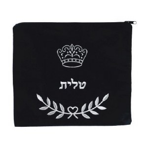 Tallis Bag Black Velvet Large Size Embroidered Crown and Leaves Design Silver